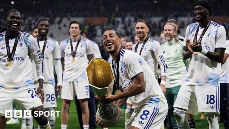 Are Premier League clubs flat-track bullies in Europe? Youri Tielemans of Aston Villa FC lifts the trophy during the award ceremony following the UEFA Europa League final