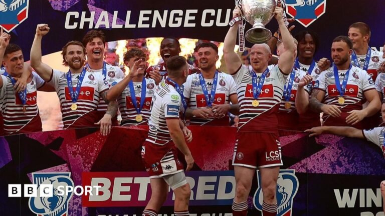Bevan French celebrates his try for Wigan Warriors in the 2026 Challenge Cup final at Wembley Stadium