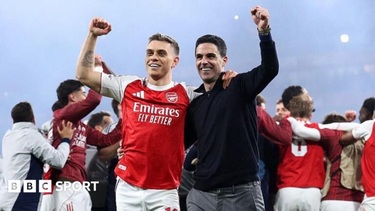 Champions League: Keir Starmer urges TNT Sports to make final free-to-air Leandro Trossard and Mikel Arteta celebrating on the Emirates Stadium pitch after beating Atletico Madrid.