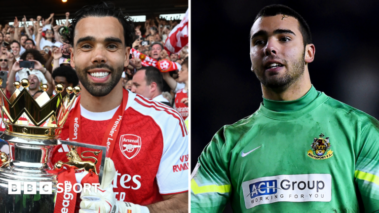 Split image: David Raya holding the Premier League and David Raya playing for Southport