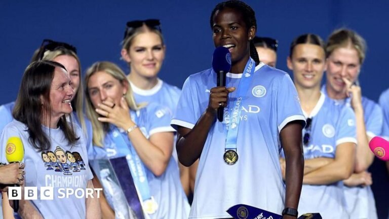 Khadija Shaw pictured during Manchester City's parade after winning the Women's Super League title