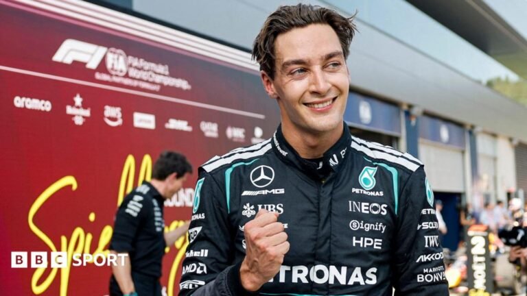 George Russell celebrates winning the Austrian Grand Prix