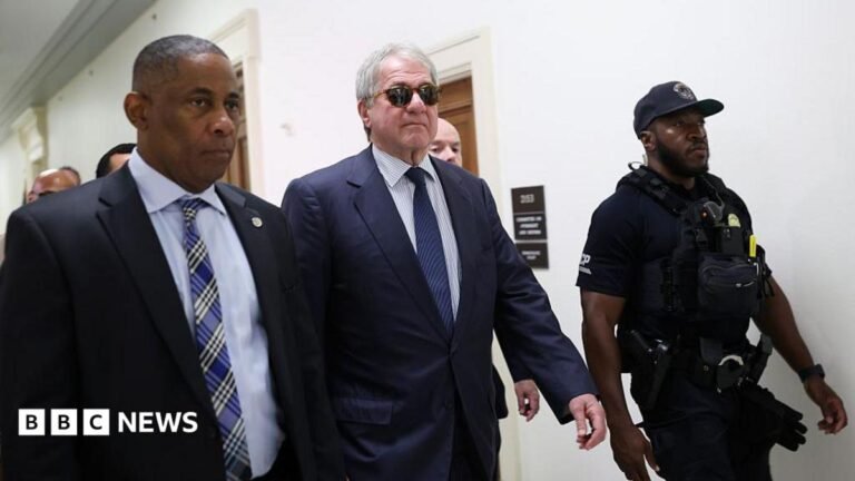 Former CEO of Apollo Global Management Leon Black (C) arrives to testify at a closed-door interview with the House Oversight Committee on Capitol Hill on June 26, 2026 in Washington, DC.