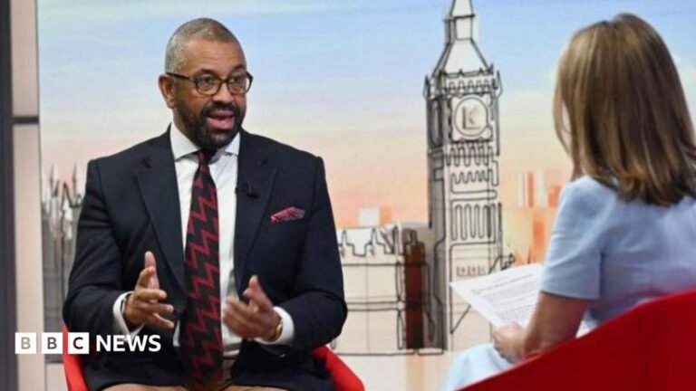 Sir Cleverly is pictured in the Sunday with Laura Kuenssberg studio. He and Victoria Derbyshire, standing in for Laura Kuenssberg, are sitting in red bucket chairs, facing each other. Cleverly wears pale brown trousers, a navy blazer, a white shirt and a blue and claret zigzag stripe tie. Derbyshire is wearing a pale blue dress with short sleeves and has shoulder length, dark blonde hair.