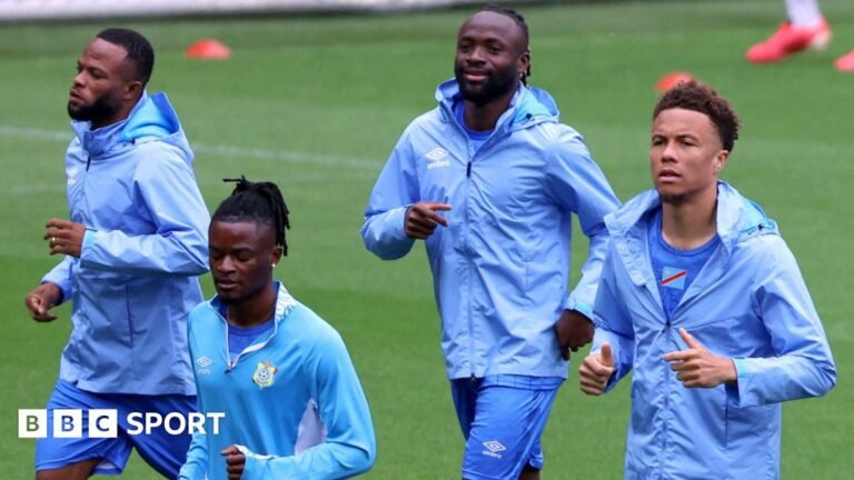 DR Congo's players train at Liege's stadium before their friendly with Denmark