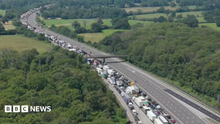 An aerial shot of queuing on the M25.