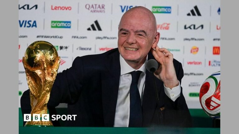 Fifa president Infantino could have stood up for the World Cup – instead he said ‘chill, relax’ FIFA president Gianni Infantino, in dark suit and tie and white shirt, speaks next to the World Cup trophy and a football during a news conference on the eve of the opening match of the 2026 World Cup