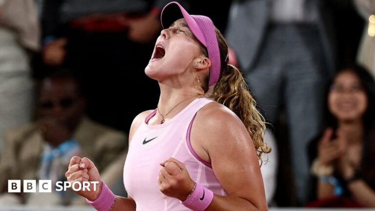 Mirra Andreeva celebrates reaching the French Open final