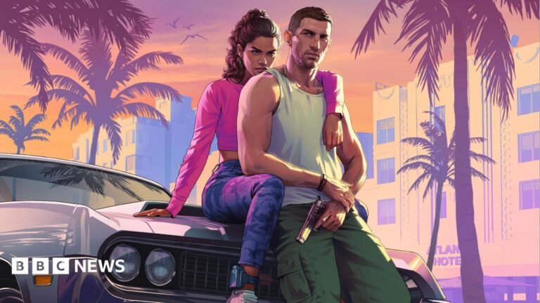 GTA 6 price of $80 revealed and physical edition will contain no disc Cover art of the two protagonists in the game, Jason and Lucia, sitting against a car. Jason is in a white tank top and green trousers and is holding a gun. Lucia is behind him with an arm around his shoulder and wearing a pink top and grey trousers.