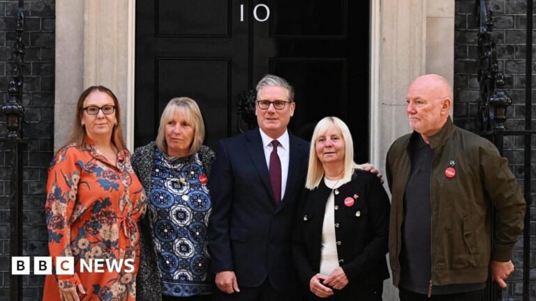 ‘Hillsborough Law could be Keir Starmer’s legacy’ Sir Keir Starmer greets Charlotte Hennessy, Sue Roberts, Margaret Aspinall (second right) and Steve Kelly, ahead of a meeting with family members of the victims of the Hillsborough disaster, outside 10 Downing Street.