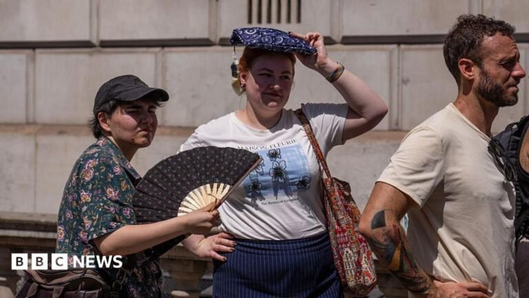 A woman fans herself as another shelters from the sun as they wait to take a picture in front of a phone box in Parliament Square. In front of them is a man wearing a beige top.