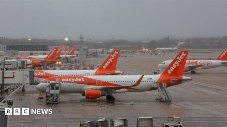 Easyjet planes on the tarmac at Gatwick airport.