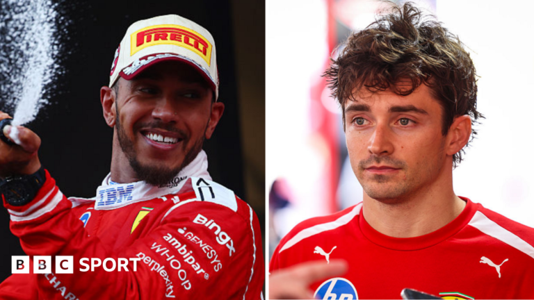A split image of Lewis Hamilton spraying champagne and Charles Leclerc looking disappointed