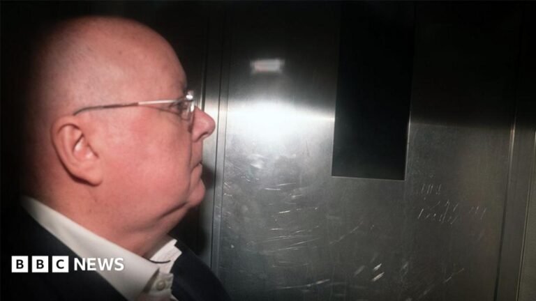 Peter Murrell, who is bald with glasses, photographed in profile in the back of a van. He is wearing a white shirt and black suit jacket, and is illuminated with a flash