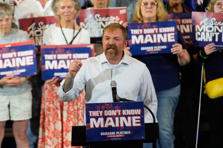 Democratic Senate candidate Graham Platner speaks during a primary election night watch party on June 9, 2026, in Blue Hill, Maine.