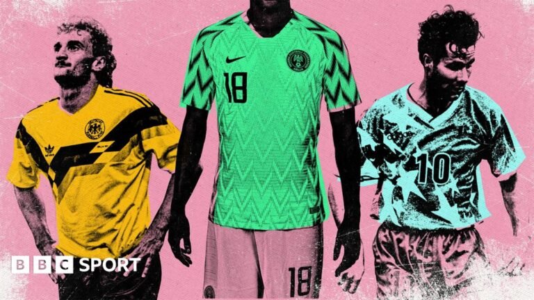 The best ever World Cup shirts – and what makes them iconic Graphic showing shirts of West Germany 1990, Nigeria 2018 and USA 1994