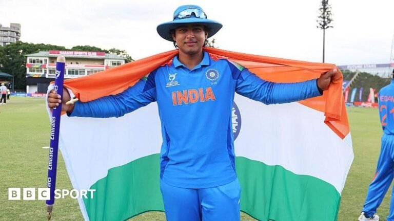 Vaibhav Sooryavanshi hits record-breaking 11-ball half-century for India A against Sri Lanka A Vaibhav Sooryavanshi holds up an India flag to celebrate winning the Under-19 World Cup