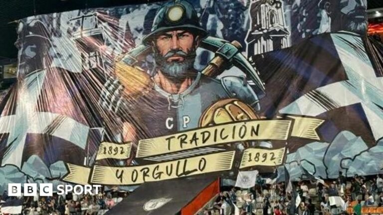 World Cup 2026: How miners from Cornwall brought football to Mexico A tifo featuring a miner holding a pasty and a pickaxe