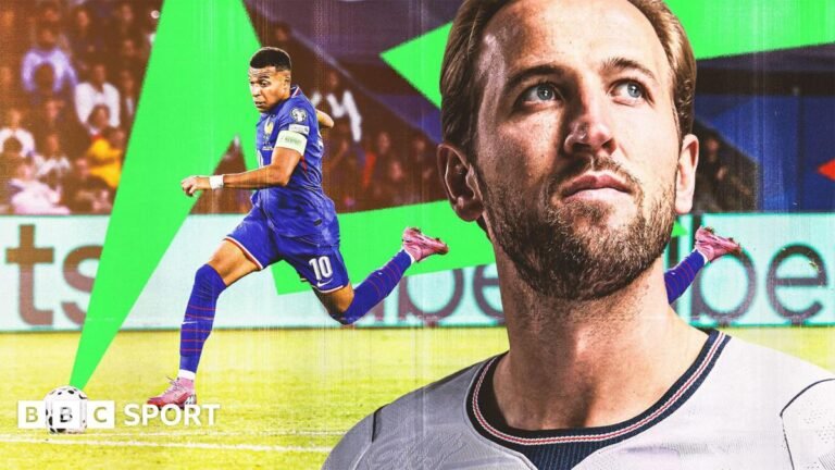 Graphic showing photographs of Kylian Mbappe running with the ball and Harry Kane looking on
