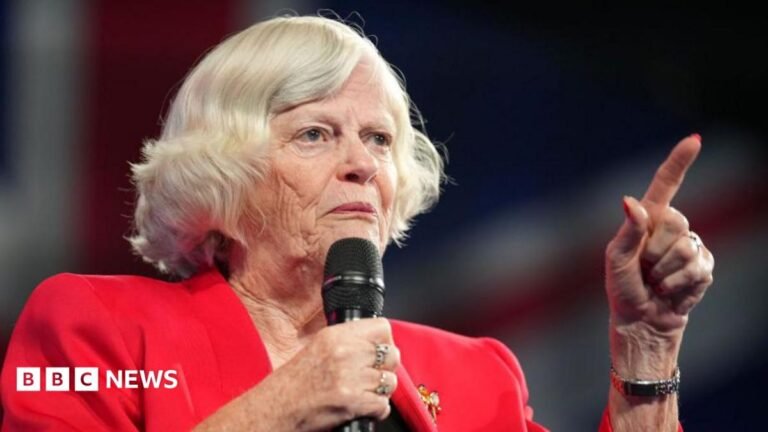 Ann Widdecombe: Family announces public memorial later this year Ann Widdecombe wears a red jacket and holds a microphone while speaking at the Reform Party 2024 Conference.