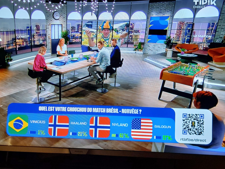 Image from Belgian broadcaster RTBF's coverage of the Norway-Brazil game in which U.S. striker Folarin Balogun was voted player of the match — despite not playing.