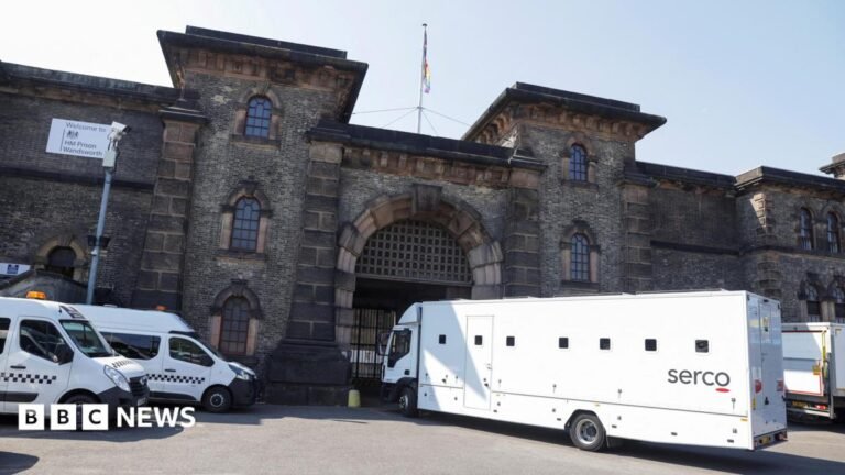 An image of a Serco-branded vehicle driving into Wandsworth prison.