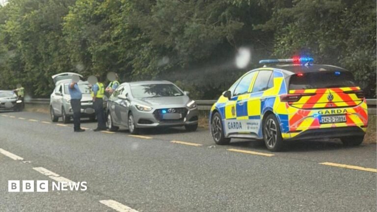 Carrickmacross: Police ‘intercept car with bomb on way to attack in NI’ Garda officers and garda cars surround a small car on the roadside of the N2 near Carrickmacross. The officers are all wearing blue uniforms, but two are wearing yellow high-viz vests over their shirts. The boot of a hatchback vehicle behind them is open.