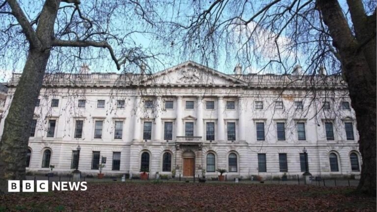 A general view of the classical white facade of Royal Mint Court in London, the site of the proposed new Chinese embassy.