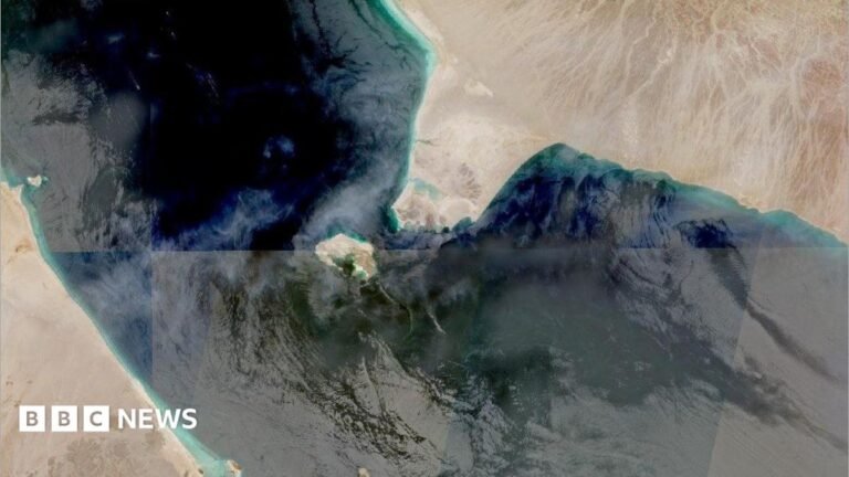 The Bab al-Mandab Strait in an aerial image.