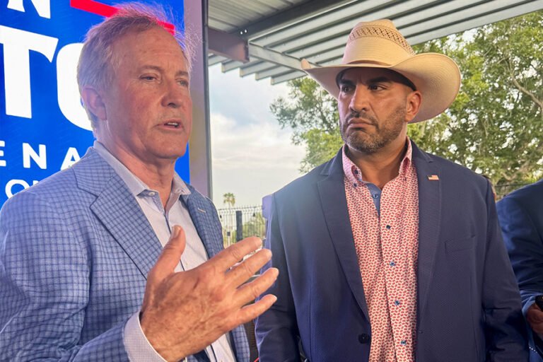 In South Texas, Paxton tests the limits of Trump’s Hispanic coalition Ken Paxton talking to Tano Tijerina at campaign event in McAllen, Texas.