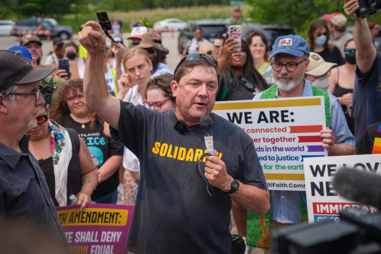Troy Jackson, Democratic candidate for U.S. Senate, speaks during a demonstration outside of a federal immigration office on July 14, 2026, in Scarborough, Maine.