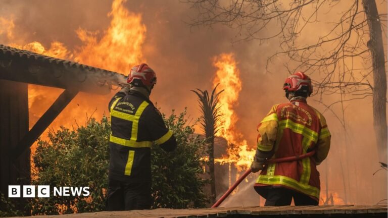 A firefighting crew deployed to battle a wildfire spreading in Lege-Cap-Ferret, south western France, late 24 July 2026.