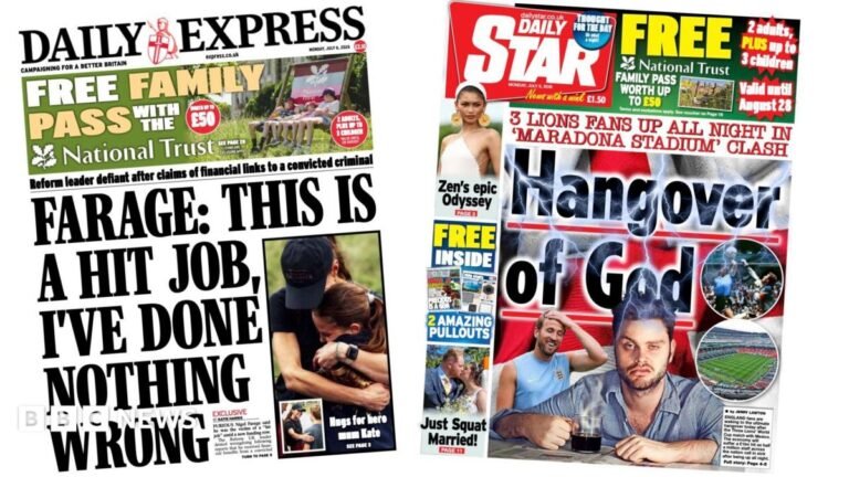 The headline on the front page of the Daily Express reads: 'Farage: This is a hit job, I've done nothing wrong.'