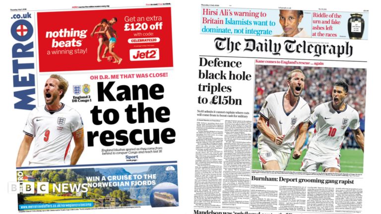 Newspaper headlines: ‘Kane to the rescue’ and ‘defence black hole triples’ A woman with shoulder-length blonde hair talks into a microphone