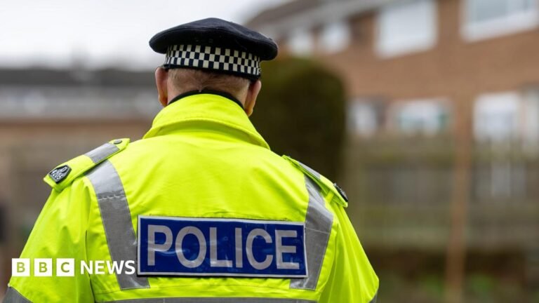 Police leadership needs fundamental overhaul, review finds A policeman in a high-vis uniform jacket with 'POLICE' written on the back is facing away from the camera. He is wearing a police hat. There are buildings blurred in the background.