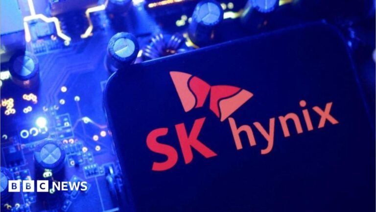 SK Hynix: South Korean chip giant raises $26.5bn in US share sale A screen displaying the SK Hynix logo posed above a computing motherboard