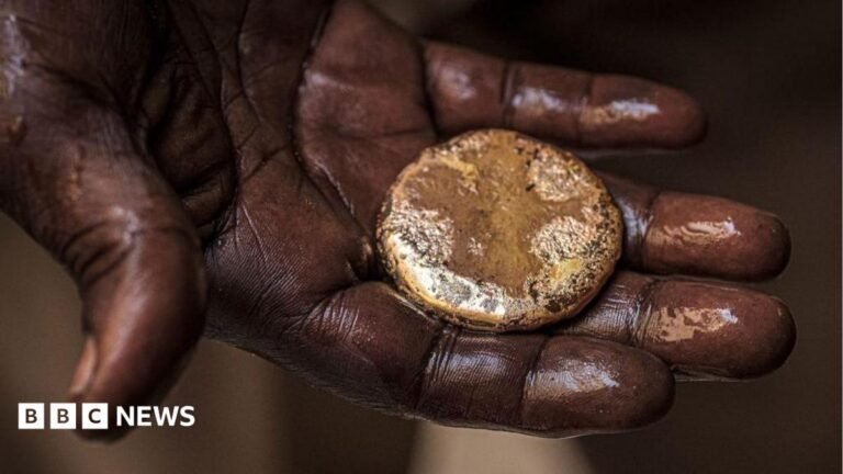 Sudan conflict: EU bans gold imports to curb war financing A close-up of a mud-stained hand holding a roughly circular gold nugget