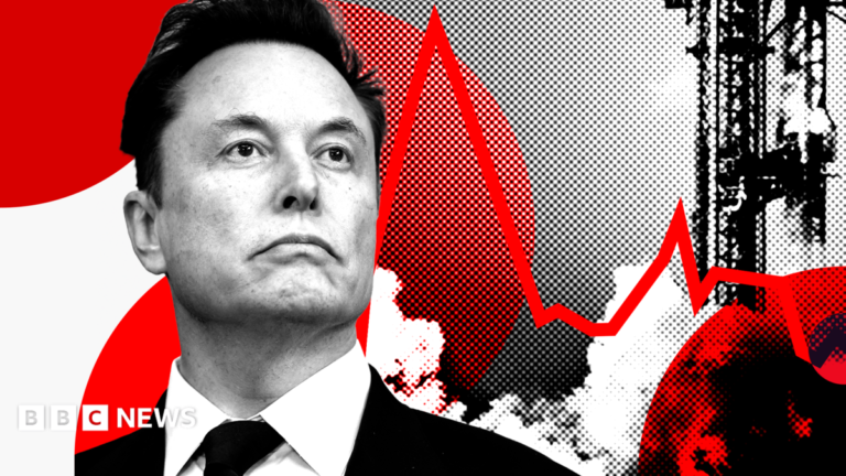 The SpaceX IPO made history. One month on has it lost momentum? Stylised image showing Elon Musk looking up with a rocket behind him to the right and a red line like that of a share price chart, against a red, black and white background