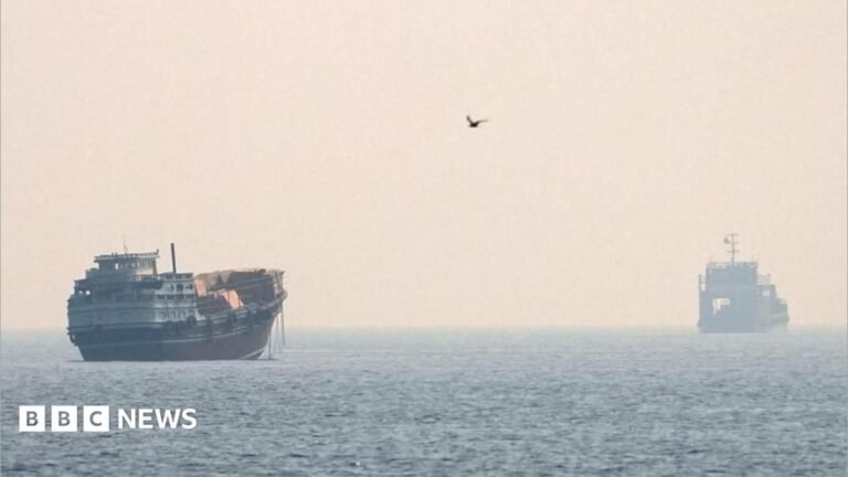 Vessels at the Strait of Hormuz, as seen from Musandam, Oman.