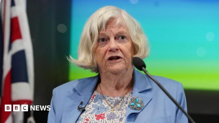 Ann Widdecombe’s family and friends gather for her funeral Anne Widdecombe speaking to a microphone wearing a light blue jacket and floral blouse.