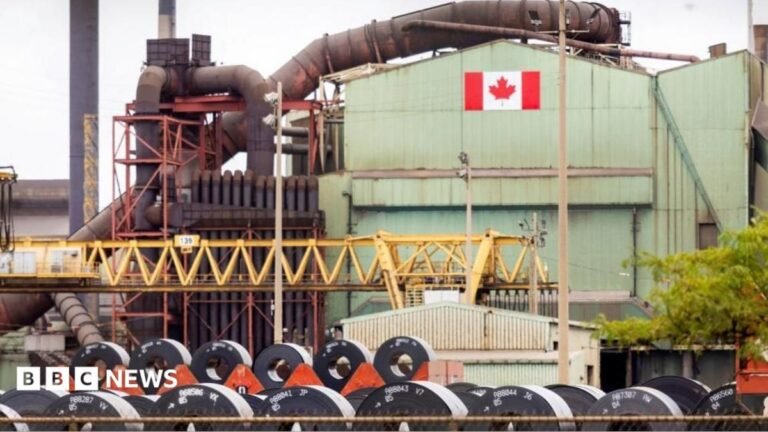 Canada announces ‘dollar-for-dollar’ retaliatory tariffs on US as high as 50% A Canadian flag visible on the ArcelorMittal Dofasco steel plant in Hamilton.