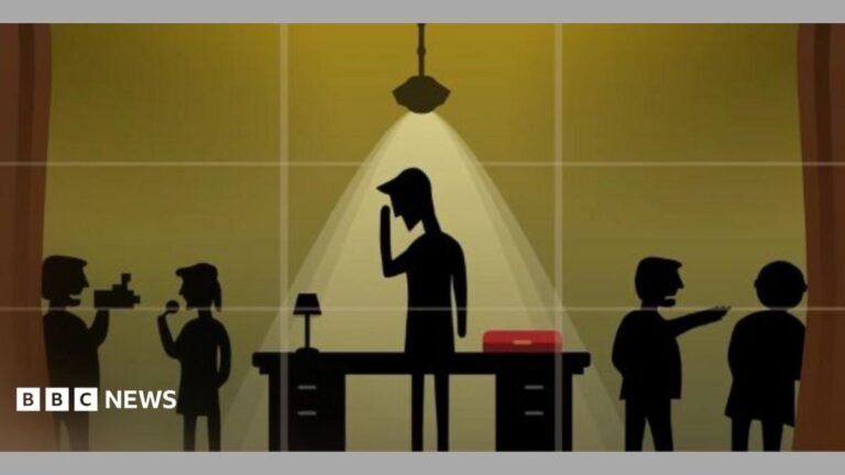 A screenshot from the game No 10: Full Confidence. It shows five silhouettes with one in the centre with their hand to their head, underneath a light and in front of a table with a red box. Two silhouettes are either side, one with a microphone, another filming them.