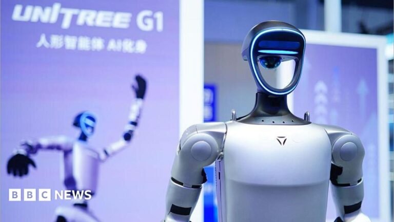 A Unitree G1 humanoid robot is on display at a convention in Beijing.