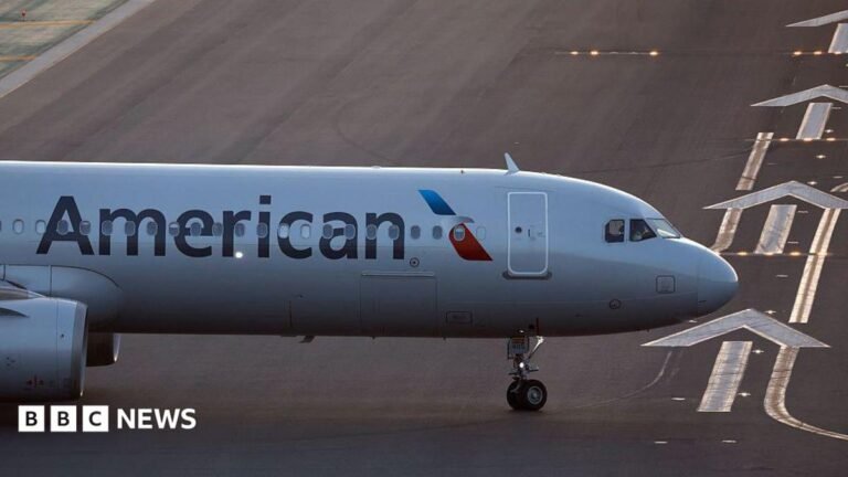 Laptop catches fire on US flight, with passenger treated at airport The front of an air plane with the American logo on a runway.