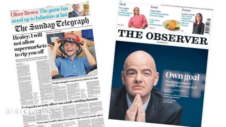 Newspaper headlines: Chancellor ‘warns’ supermarkets and ‘own goal’ The headline on the front page of the Sunday Telegraph reads: "Healey: I will not allow supermarkets to rip you off."