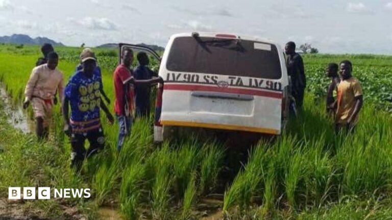 Nigerian army says it rescued 33 people kidnapped by gunmen A group of men in Nigeria gather around a white vehicle that is stuck in a muddy rural area surrounded by long grass