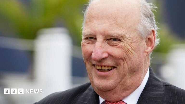 King Harald smiles in a suit and red patterned tie