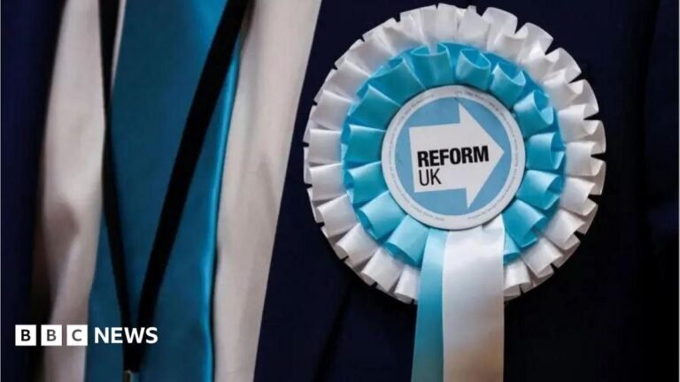 Reform suspends Sunderland councillor Glenn Gibbins ahead of court case Close-up photo of a blue and white Reform UK rosette worn by someone wearing a dark suit.