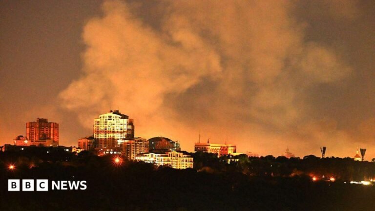 Russia unleashes ‘massive attack’ on Kyiv, killing at least five View of smoke rising from the site of damaged buildings in Kyiv.