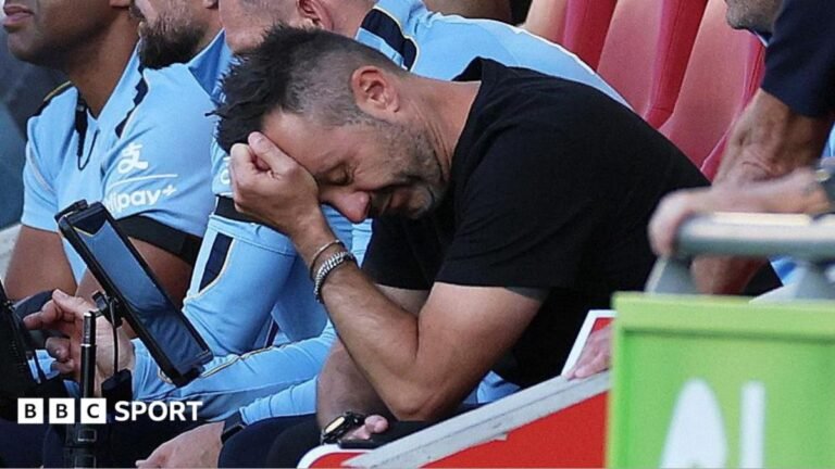 Spurs coach Roberto De Zerbi in despair as his new-look side slump to a heavy defeat at Brentford on the opening day of the Premier League season.